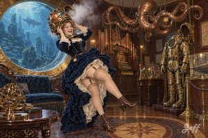 museejulesverne,nantes,pinup,pinupart,vintagepinup,glamourart,digitalart,aiart,steampunk,victorianera,brassgoggles,brasssteam